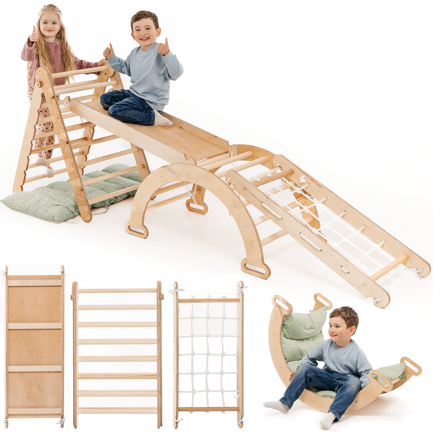 5-in-1 Montessori-kiipeilytelinesetti: kiipeilykolmio liukumäellä, kiipeilykaari, kiipeilyverkko ja tyyny, lapsille 1-7 vuotta – Beige-5