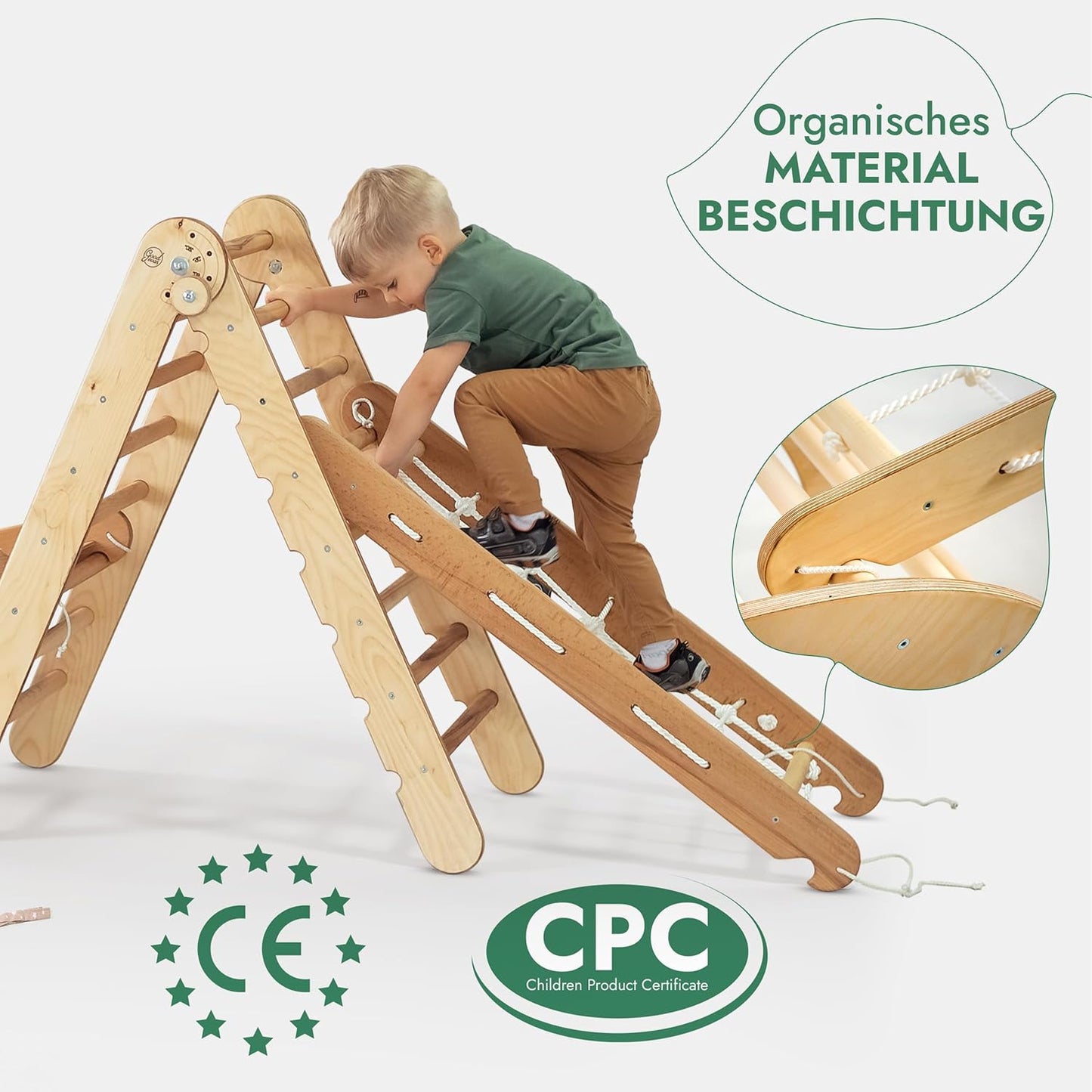 5-in-1 Montessori-kiipeilytelinesetti: kiipeilykolmio liukumäellä, kiipeilykaari, kiipeilyverkko ja tyyny, lapsille 1-7 vuotta – Beige-4