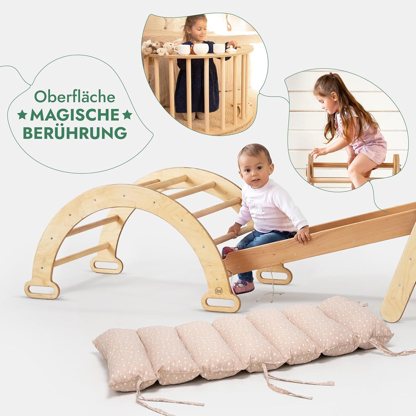 5-in-1 Montessori-kiipeilytelinesetti: kiipeilykolmio liukumäellä, kiipeilykaari, kiipeilyverkko ja tyyny, lapsille 1-7 vuotta – Beige-3
