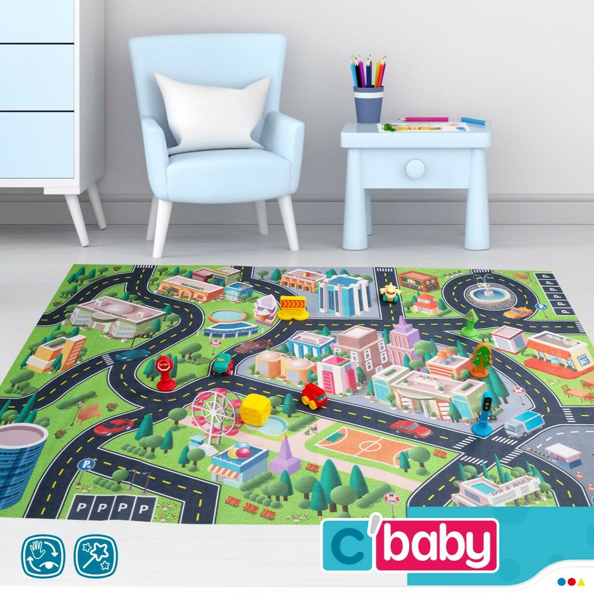 Leikkimatto Colorbaby City, muovi 144x99cm ja autoja-2