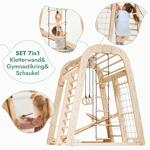 8-in-1 sisäleikkiteline: kiipeilyteline kiipeilyverkolla, liukumäellä, voimistelurenkailla, riipputikkailla, kiekkokeinulla, piirustuslaudalla ja lastentuolilla – Beige-3