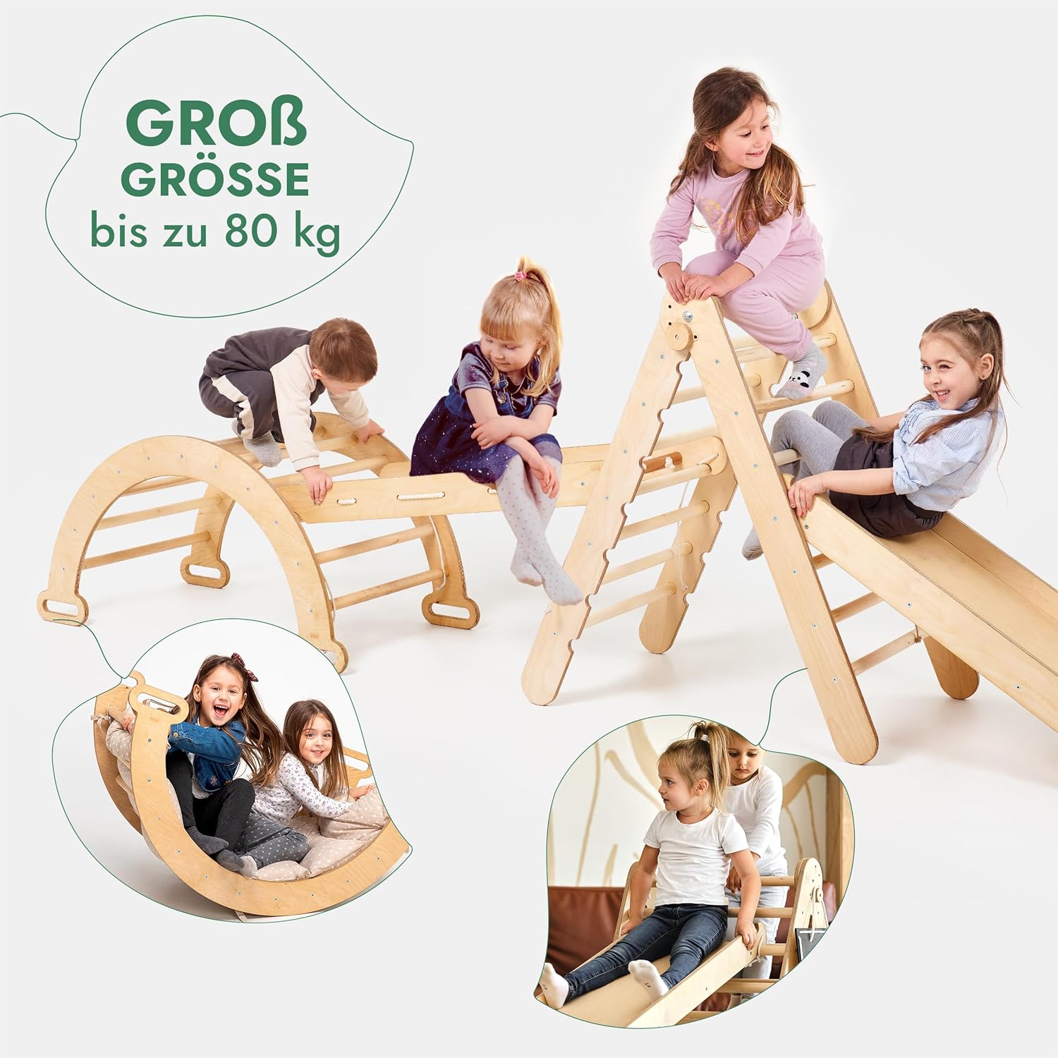 5-in-1 Montessori-kiipeilytelinesetti: kiipeilykolmio liukumäellä, kiipeilykaari, kiipeilyverkko ja tyyny, lapsille 1-7 vuotta – Beige-2