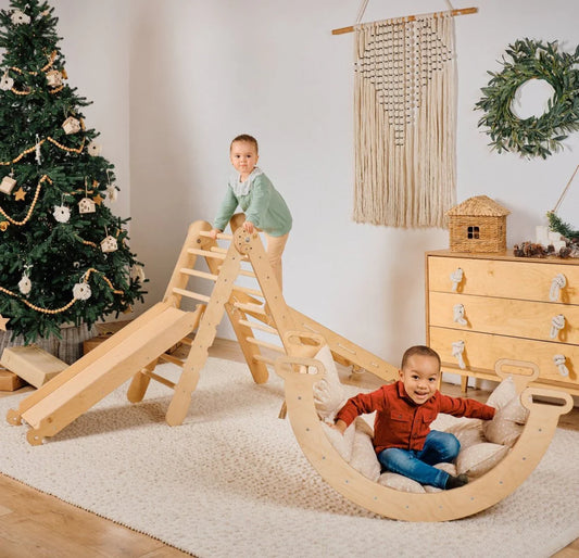 5-in-1 Montessori-kiipeilytelinesetti: kiipeilykolmio liukumäellä, kiipeilykaari, kiipeilyverkko ja tyyny, lapsille 1-7 vuotta – Beige-0