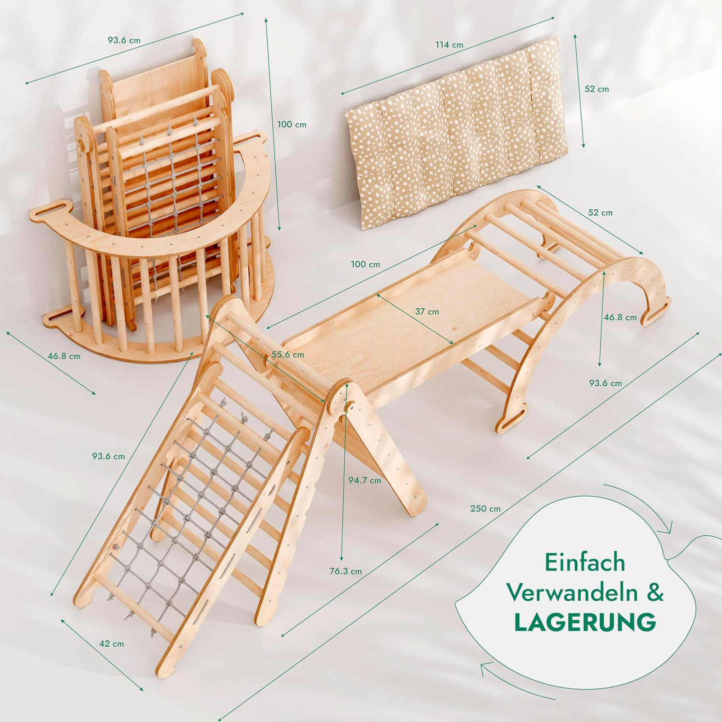 5-in-1 Montessori-kiipeilytelinesetti: kiipeilykolmio liukumäellä, kiipeilykaari, kiipeilyverkko ja tyyny, lapsille 1-7 vuotta – Beige-1