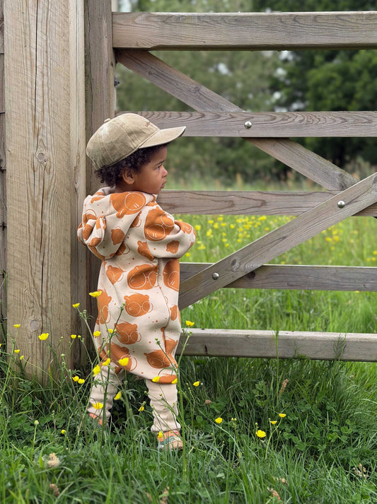 Baby Jumpsuit with Hood - Bear in Glasses on Beige