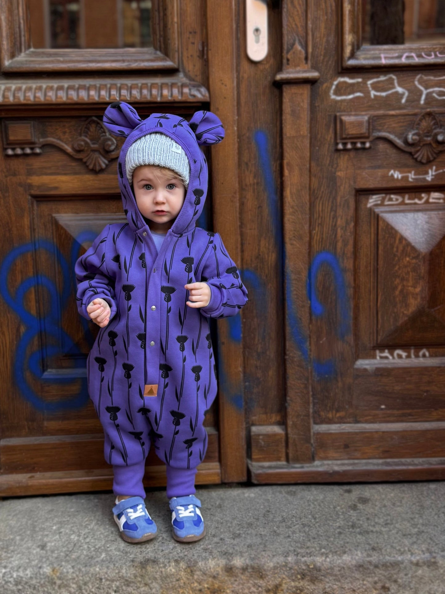 Baby Jumpsuit with Hood - Thistle on Purple