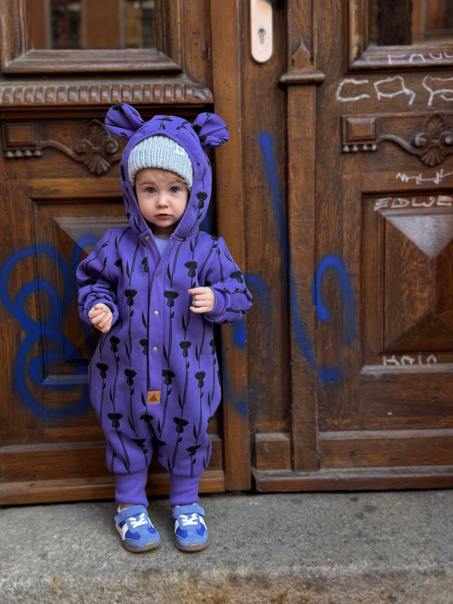 Baby Jumpsuit with Hood - Thistle on Purple