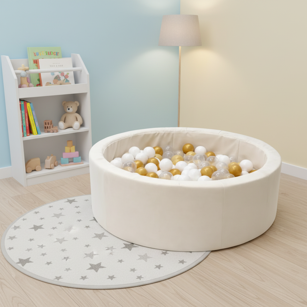 Pyöreä pallomeri 90x30cm - Beige vaahtomuoviallas, 200 kulta ja valkosävyistä palloa
