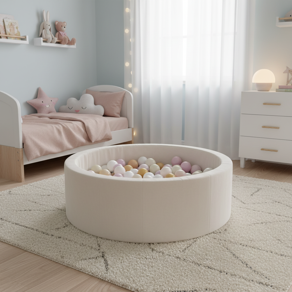 Pyöreä pallomeri 90x30cm - Beige vaahtomuoviallas, 200 pastelliväristä palloa