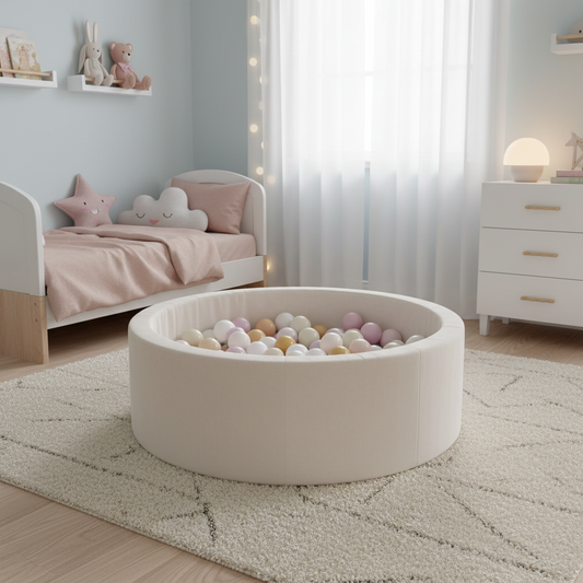 Pyöreä pallomeri 90x30cm - Beige vaahtomuoviallas, 200 pastelliväristä palloa